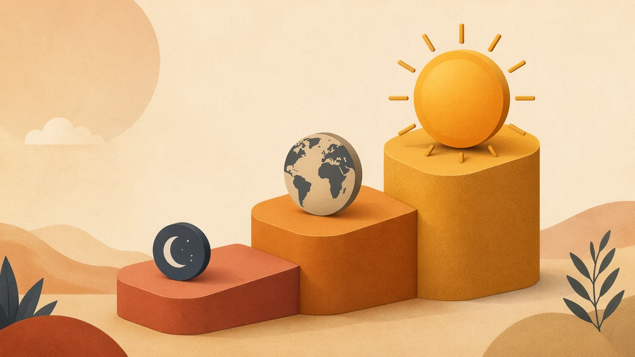 Isometric three-step ladder rising left to right, each step marked with a moon, an earth globe, and a sun disc, warm terracotta and amber tones on a sand background, geometric flat poster style