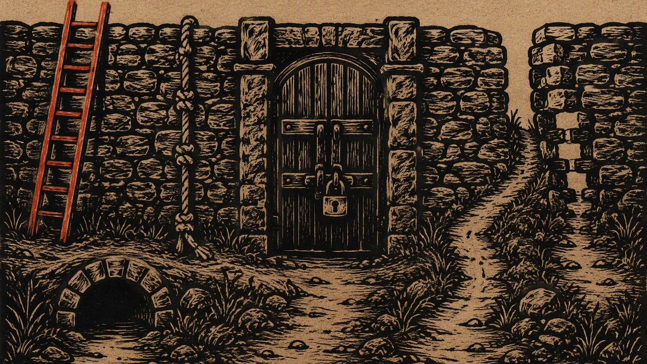 A linocut print of a stone wall with one locked gate at its centre, surrounded by five informal ways past it: a red ladder, a knotted rope, a side path, a gap in the stones and a low tunnel