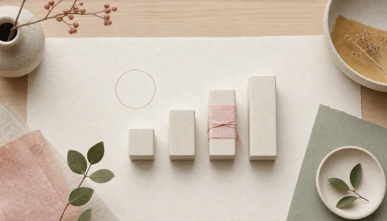 和紙風の机に並ぶ 4 つの陶器ブロック、4 番目を桜色のリボンで控えめに飾った静謐なエディトリアル構図