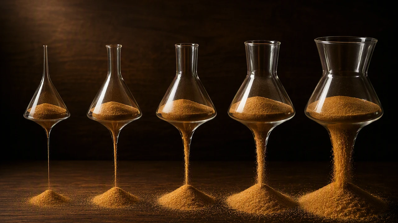 Five glass funnels of the same height in a row on a dark table, each with a different neck width, amber sand running through them at visibly different rates
