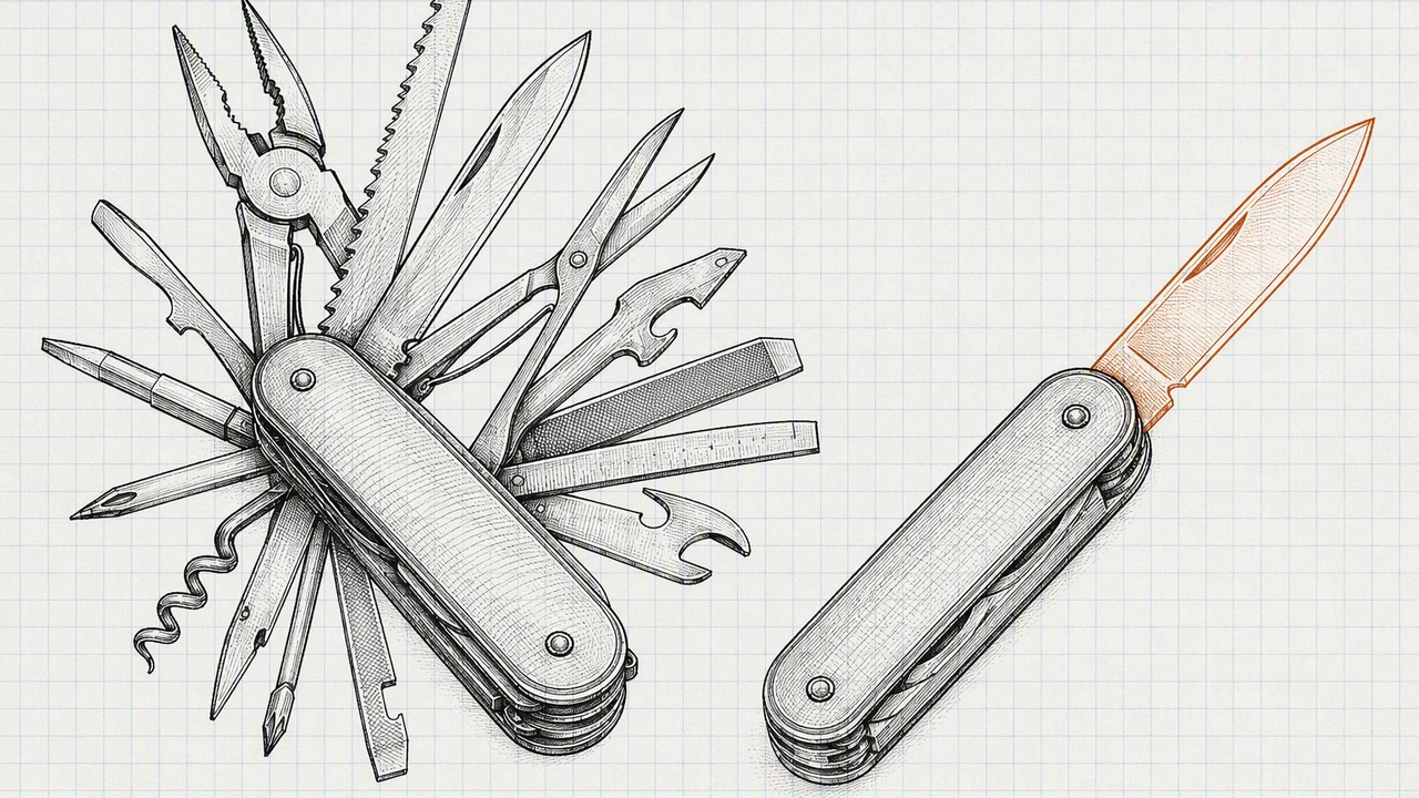 ペン画の特許図風イラスト。折りたたみ工具が2本並び、左は多数のアタッチメントが扇状に開き、右は精密な刃が1枚だけ出ている