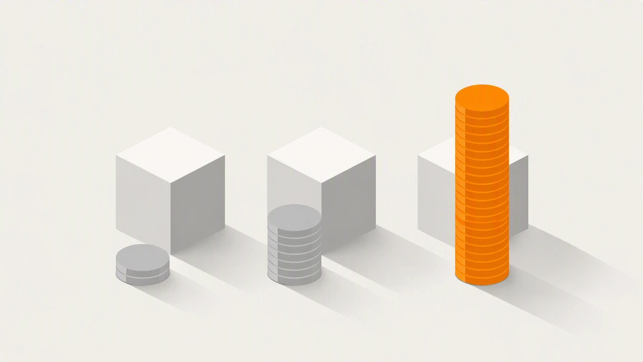 Flat isometric illustration on warm grey: three podium blocks of nearly identical height, each with a stack of round tokens in front, the stacks wildly different in height and the tallest one rendered in bright orange