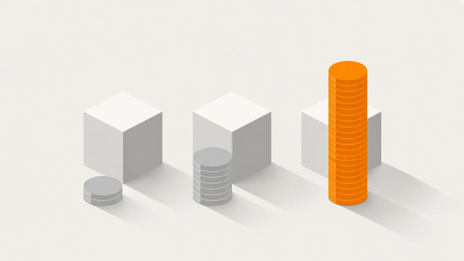 Three podium blocks of nearly identical height, each fronted by a stack of round tokens of wildly different heights, the tallest stack in bright orange, flat isometric on warm grey