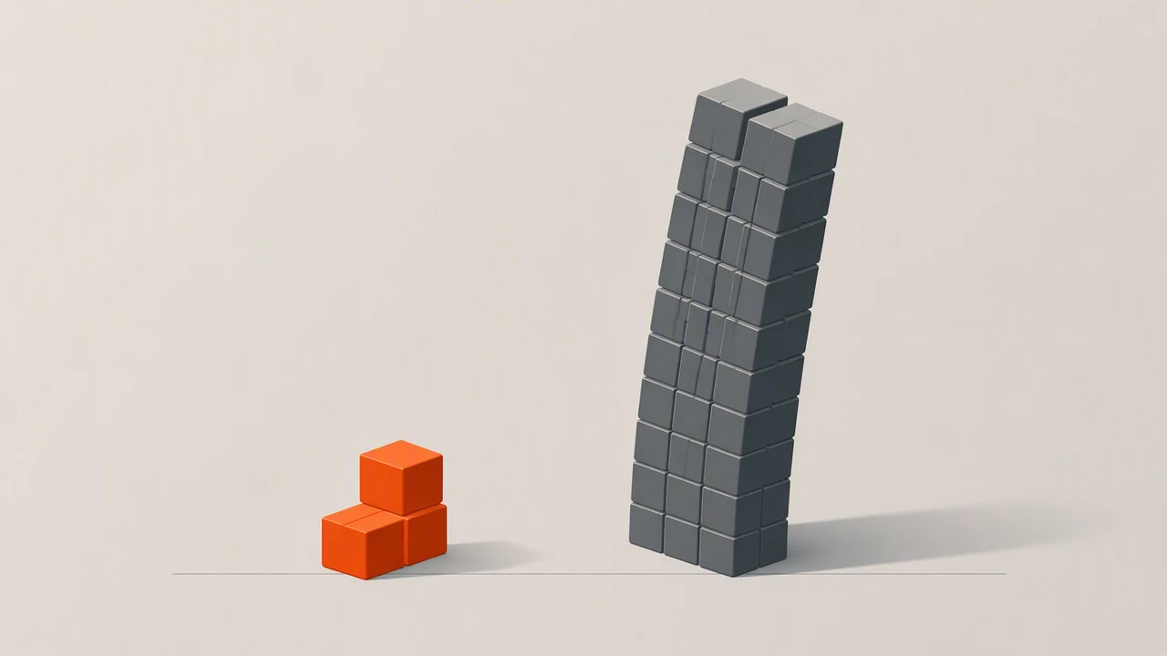 A small three-cube bright orange stack next to a tall slate-grey tower of many stacked cubes on a warm grey background, drawn flat and isometric