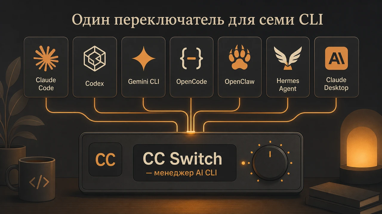 Плоская иллюстрация панели CC Switch с иконками семи CLI (Claude Code, Codex, Gemini CLI, OpenCode, OpenClaw, Hermes, Claude Desktop), сходящихся в единый переключатель, тёплый янтарный фон