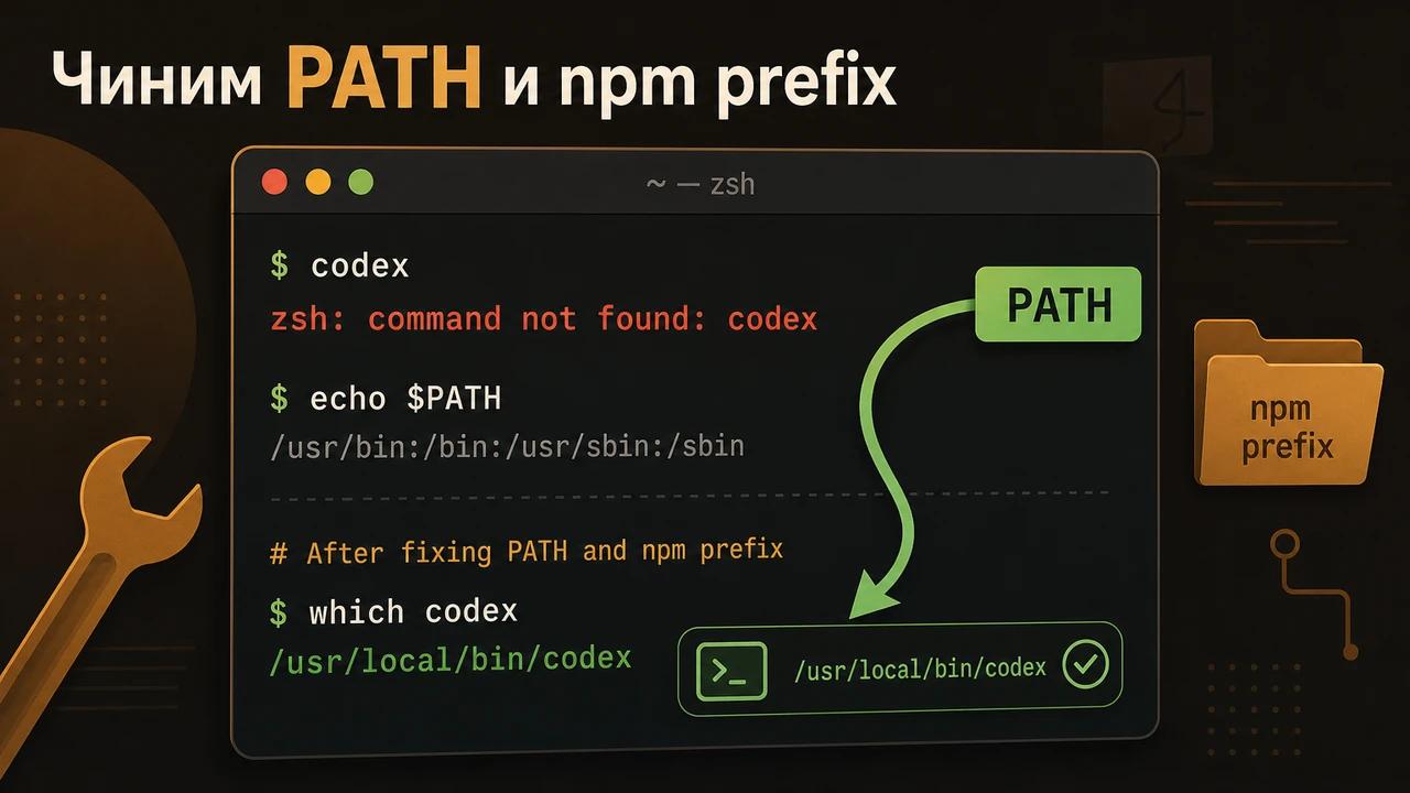 Стилизованная панель терминала с ошибкой codex command not found и зелёной стрелкой PATH, указывающей на найденный бинарь, на тёплом янтарном фоне