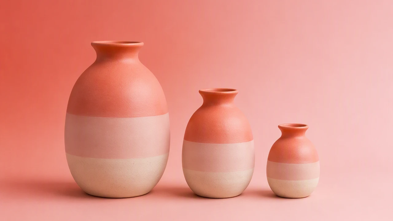 Three matte ceramic vessels of the same shape in three descending sizes, standing in a row against a coral to blush gradient backdrop