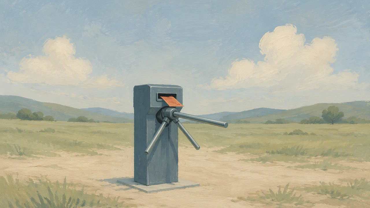 A gouache painting of a single metal turnstile standing alone in an open field, one paper ticket sliding into its slot