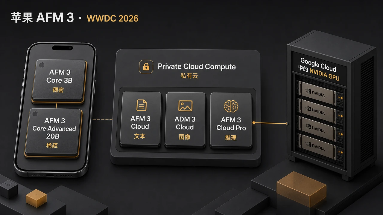 等距示意图展示苹果 AFM 3 的五个基础模型：iPhone 内置两层端侧模型（AFM 3 Core 3B dense、AFM 3 Core Advanced 20B sparse），Private Cloud Compute 三个云端模块（AFM 3 Cloud、ADM 3 Cloud 图像、AFM 3 Cloud Pro），以及一台标注为 Google Cloud 中 NVIDIA GPU 的服务器机柜连接到 Cloud Pro。