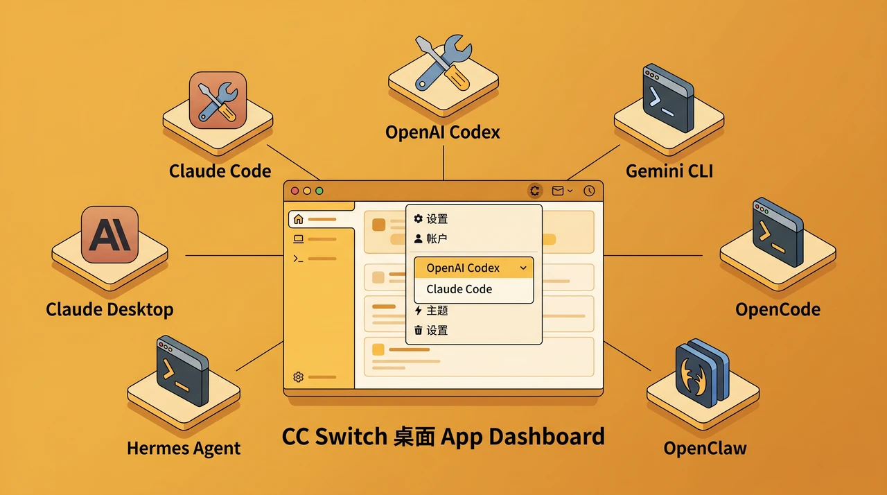 CC Switch 多 CLI 切换器中心面板插画，7 个 CLI 图标（Claude Code、Codex、Gemini CLI、OpenCode、OpenClaw、Hermes Agent、Claude Desktop）四散排开，暖琥珀色背景