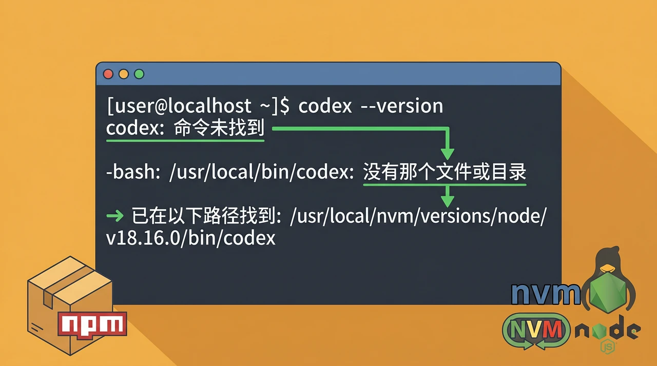 终端面板示意 codex: command not found 报错，绿色 PATH 箭头指向已解析的二进制位置，暖琥珀色背景