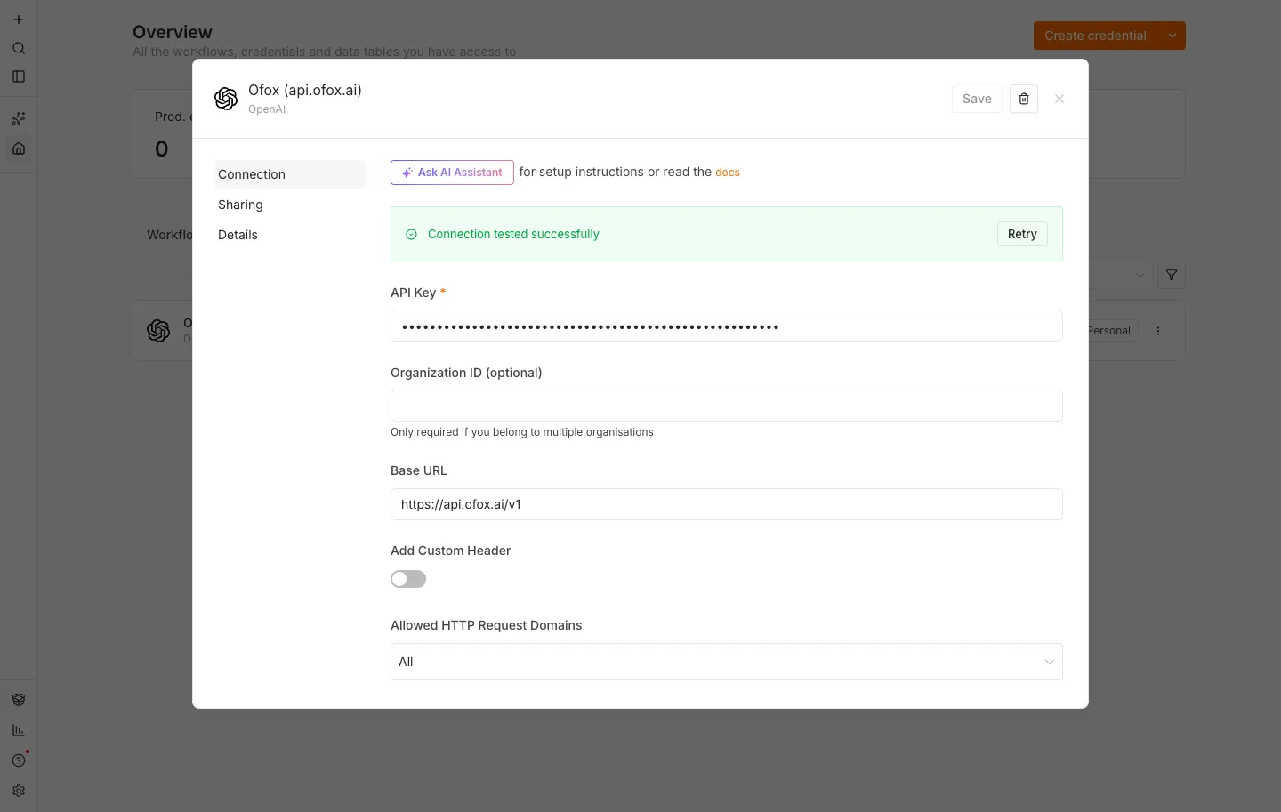 n8n 2.36.9 的 OpenAI 凭据弹窗,从上到下依次是绿色的 Connection tested successfully 提示、API Key、Organization ID、Base URL 一栏填着 https://api.ofox.run/v1、Add Custom Header 开关和 Allowed HTTP Request Domains 下拉