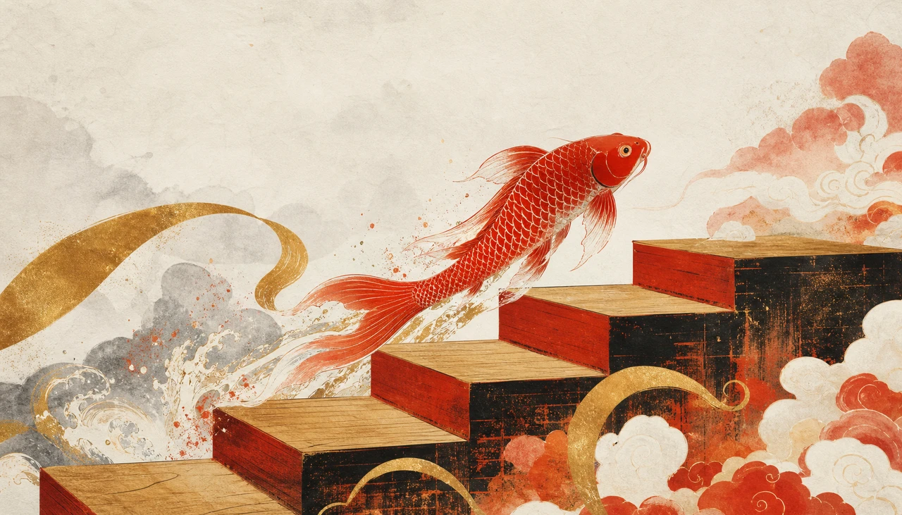 国潮风格插画，朱红色锦鲤跃过四级木质阶梯平台，金色丝带与水墨云气环绕