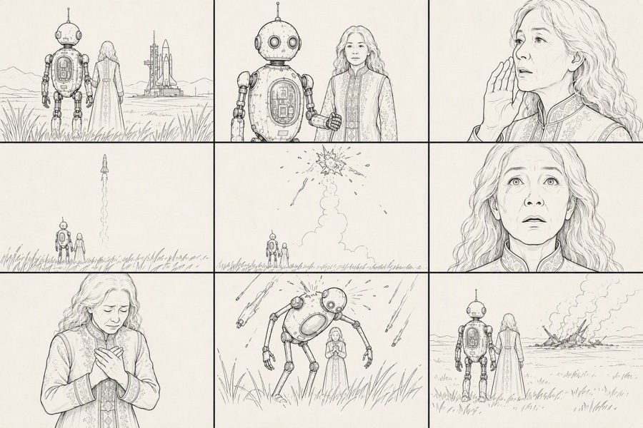 Guardian robot and grandmother, nine-shot storyboard · Reference image · image1 storyboard grid
