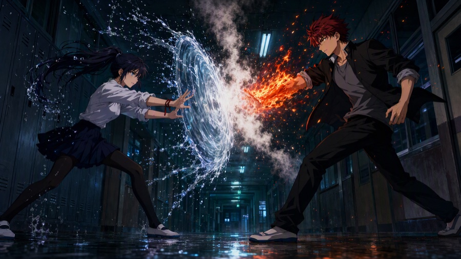 Water vs fire, night school corridor · First frame · 开场帧