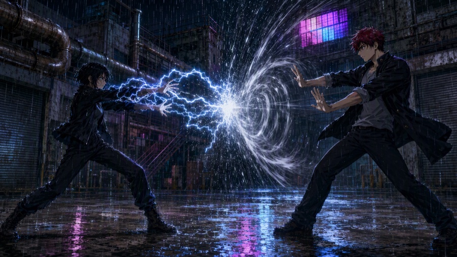 Arc vs wind, flooded factory courtyard · First frame · 开场帧